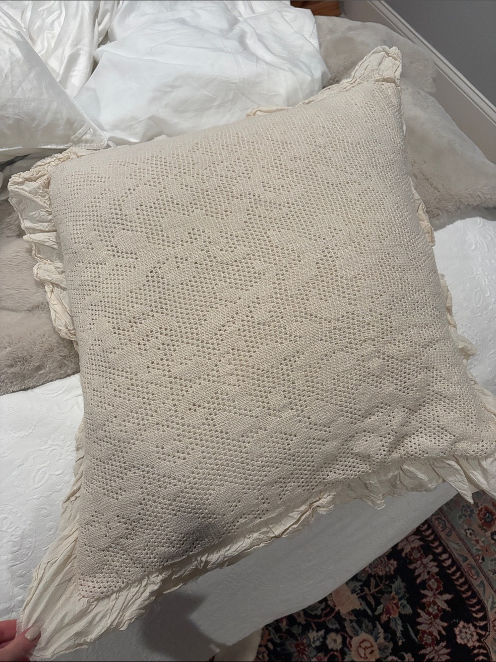 22” down insert Crochet Square Throw Pillow Cream linen cotton